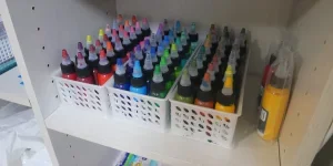 Three crates of tattoo inks in storage