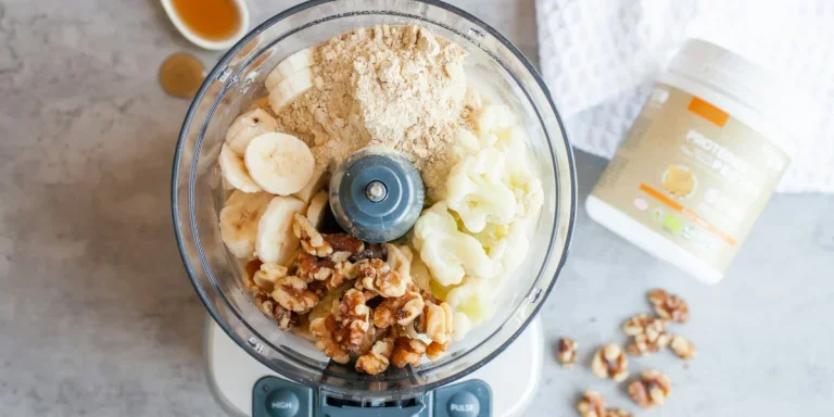 Top view of a blender filled with ingredients