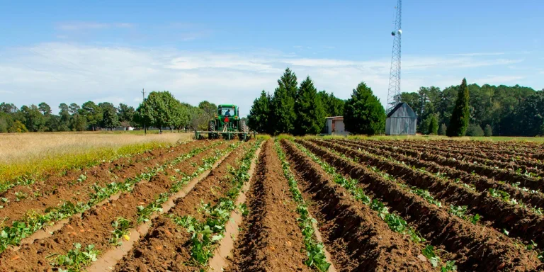 tractoring working through a field with attached tiller cultivator