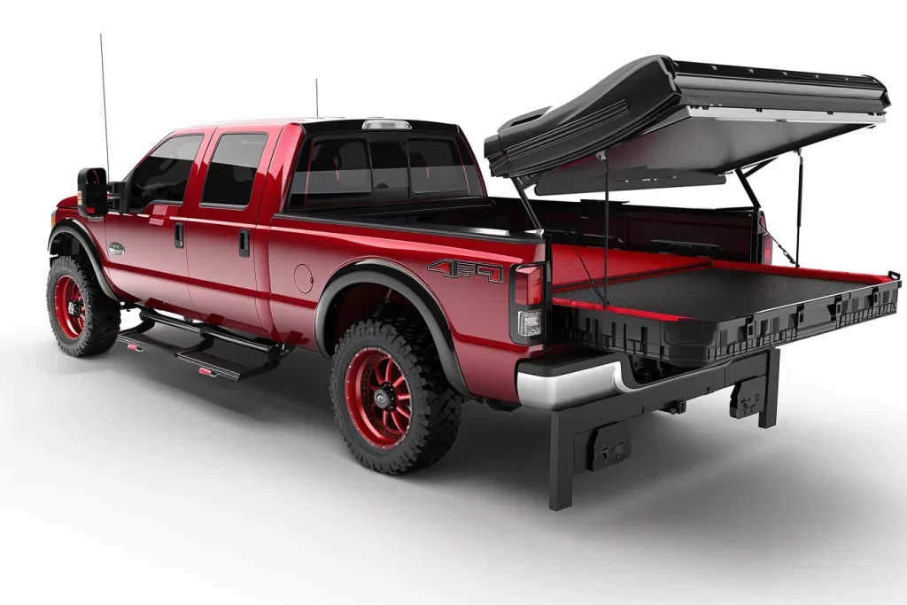 truck bed cover with black and red cargo boxes in it