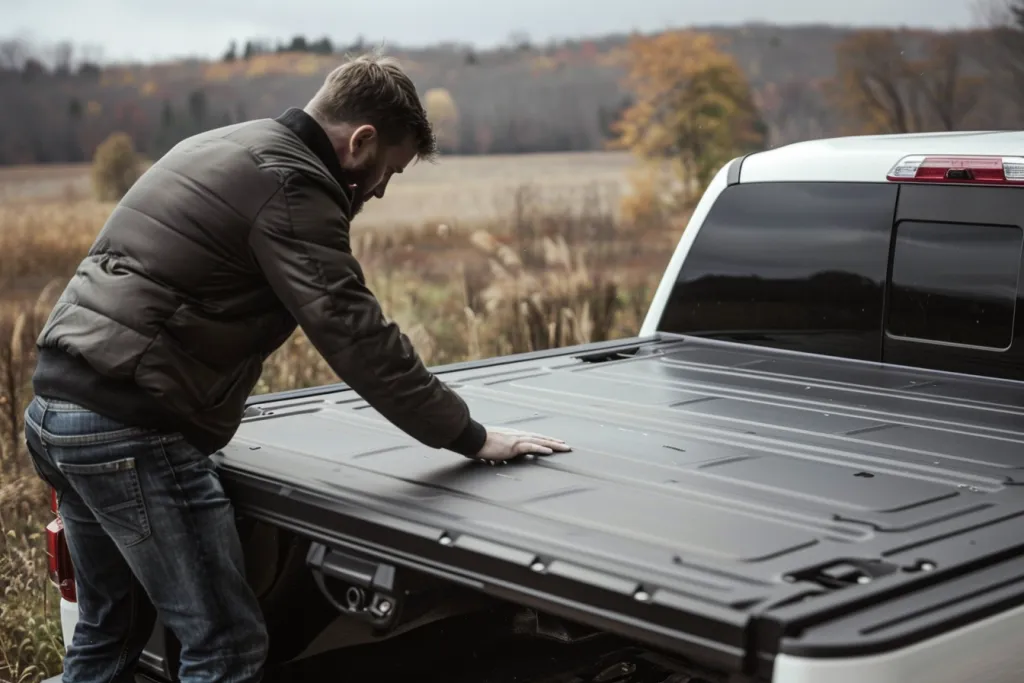 truck bed with black hard flat tonneau cover