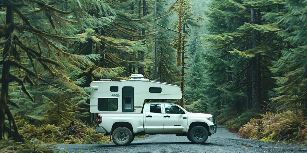 truck camper on the road in a forest