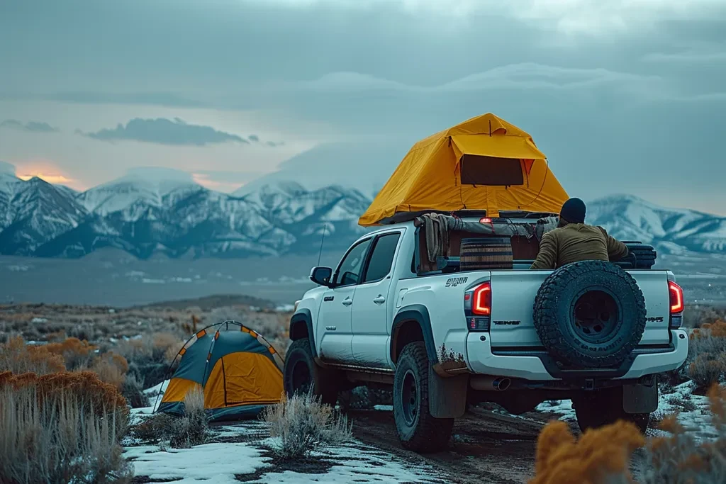 truck in a desert environment with a black roof rack