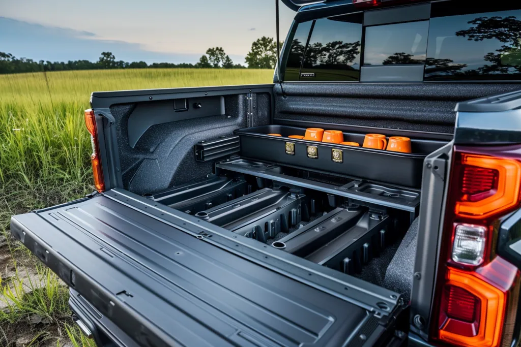 truck tailgate storage system with shelves and cup holders