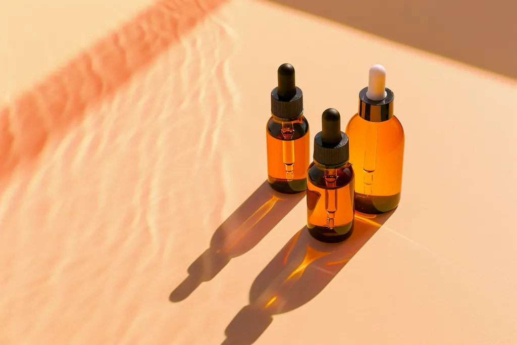 two brown glass dropper bottles of face serum on light orange background