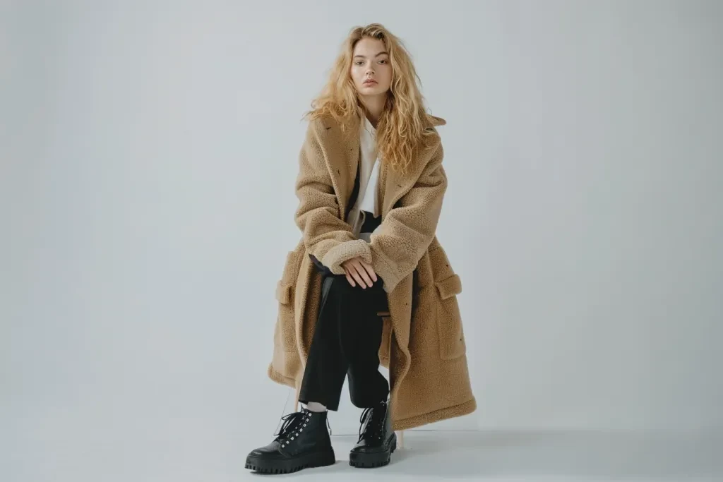 ull body shot of a blond woman model wearing an oversized beige wool coat