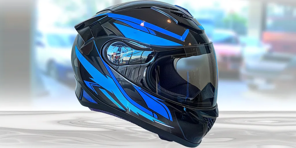 ull face helmet with clear visor and black blue accents