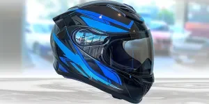 ull face helmet with clear visor and black blue accents