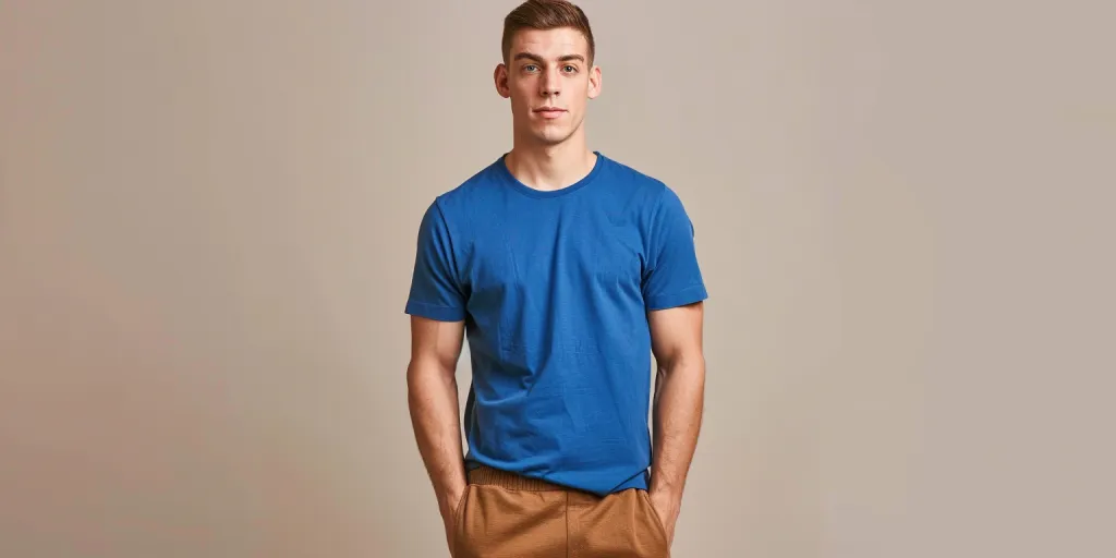 wearing a royal blue Gildan t-shirt and brown sweatpants