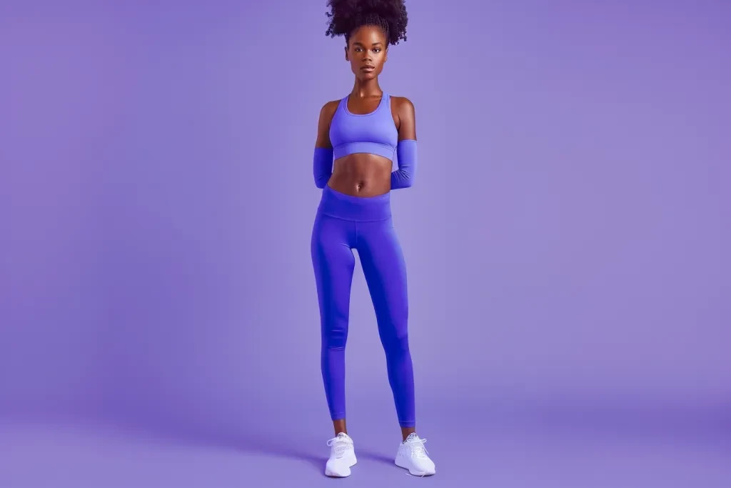 wearing vibrant blue leggings and matching sports top with white sneakers