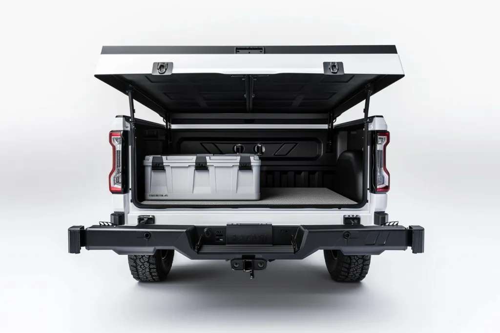 white and black truck bed with the tailgate open