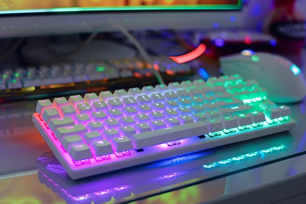 white gaming keyboard and mouse set with rainbow LED lights