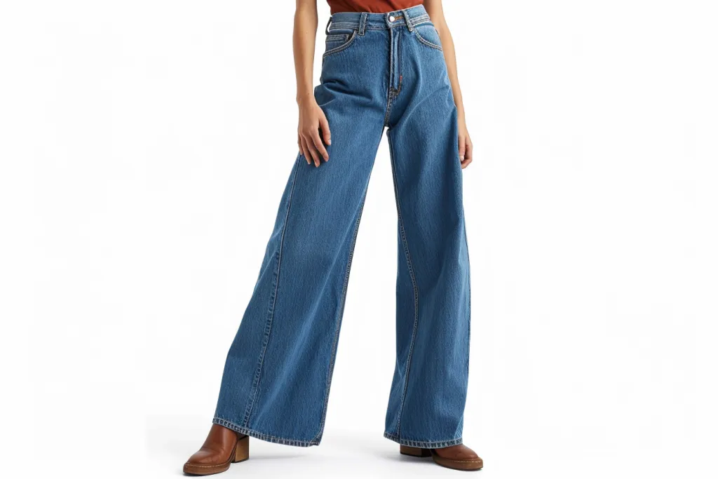 wide leg jeans in blue with an extra long waistband