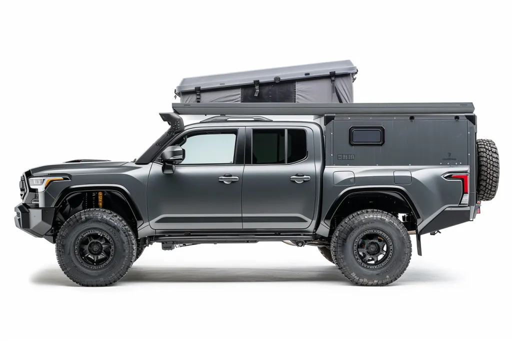 with a massive black metal box body mounted on top and behind an off-road gray vehicle