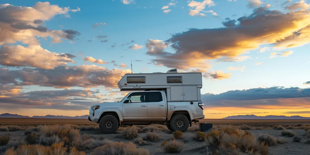 with a white camper on the back was parked in the desert of Utah at dusk