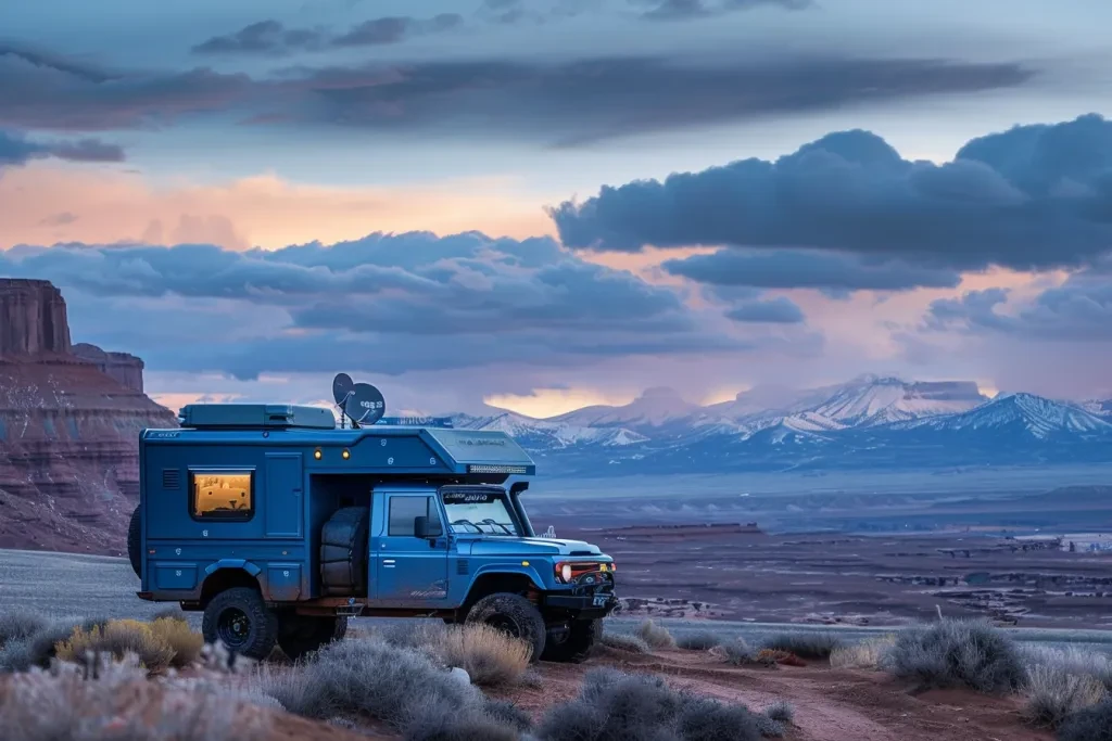 with mountains and clouds in background, blue color scheme