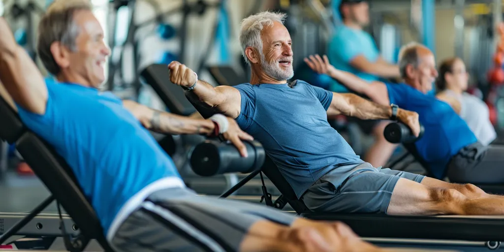 A group of men and women in their fifties were working out on pilates machines at the gym