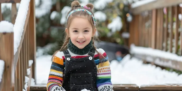 A little girl wearing black overalls, colorful patterned longsleeved turtleneck sweater and white snow boots is standing on the wooden steps of her backyard in winter
