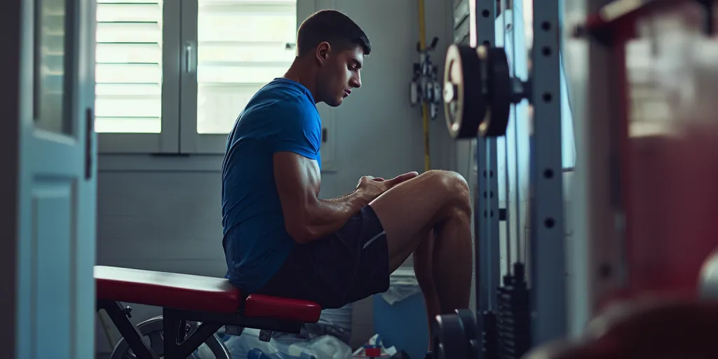 A muscular man in a blue t-shirt and black shorts is working out on the leg machine at home