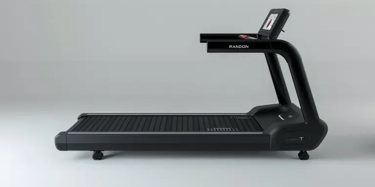 A photorealistic, high-resolution product photo of the RANDOM R dayl_BUTTONT dean running treadmill with an empty white background