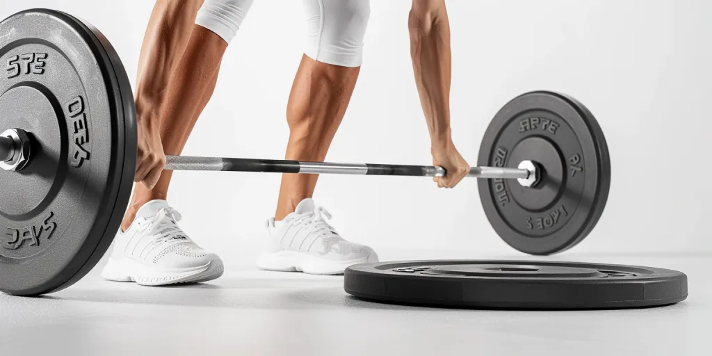 A woman in leggings and white sneakers is doing deadlifts with an iron bar on the ground