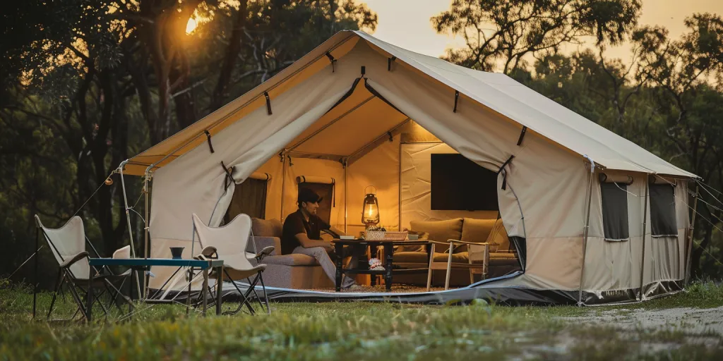 a beige canvas tent has two large windows, and inside is an open space with sofa chairs for relaxing or watching TV