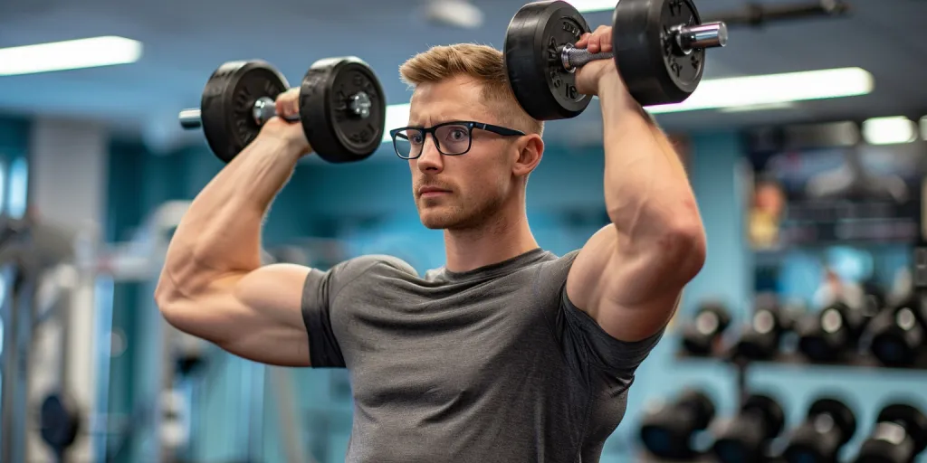 a white man in his thirties, wearing glasses and a gray t-shirt lifting a black dumbbell with one hand at the gym