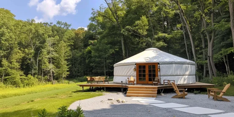 a white yurt with wooden accents, set in the middle of an outdoor area surrounded by trees and grass