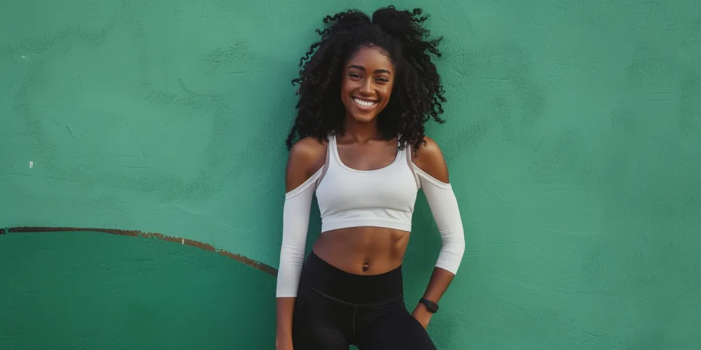 an attractive African American woman wearing a high impact sports bra