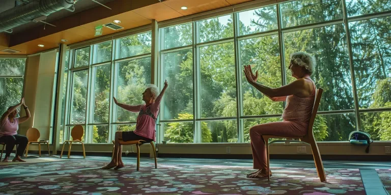 elderly woman doing yoga with her teacher in the studio