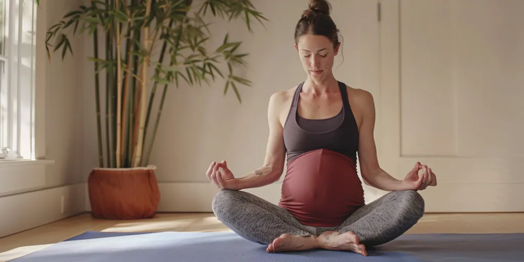 Pregnant woman doing yoga for fitness in a video clip
