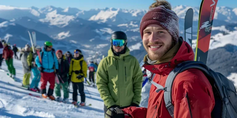 A group of friends, wearing skis and snowboards on the top of an alpine mountain