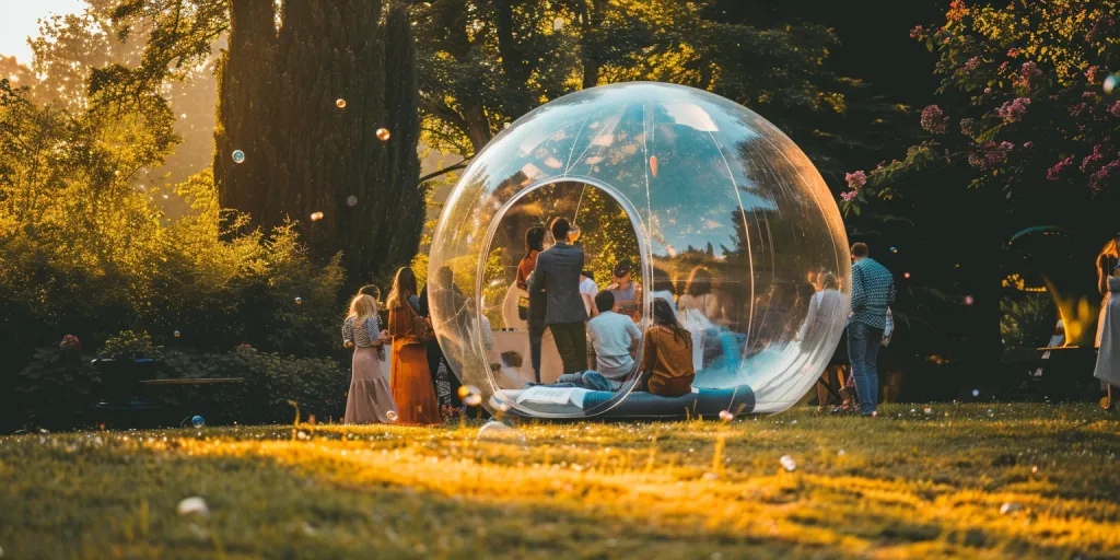 An inflatable bubble with people inside, a party balloon in the garden in the style of unknown artist