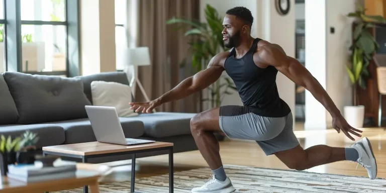 Full length of an African American man doing a lunge at home