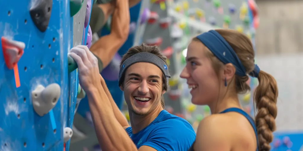 Two people have their hands up against a rock climbing wall inside a gym area