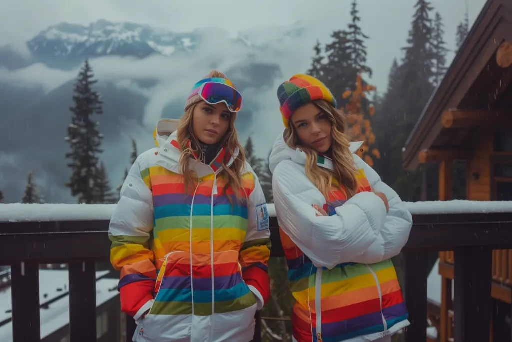 white women in rainbow skiwear, standing on balcony of luxury hotel