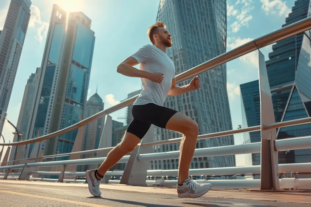 Young man stretching on bridge, wearing a white t-shirt and black shorts