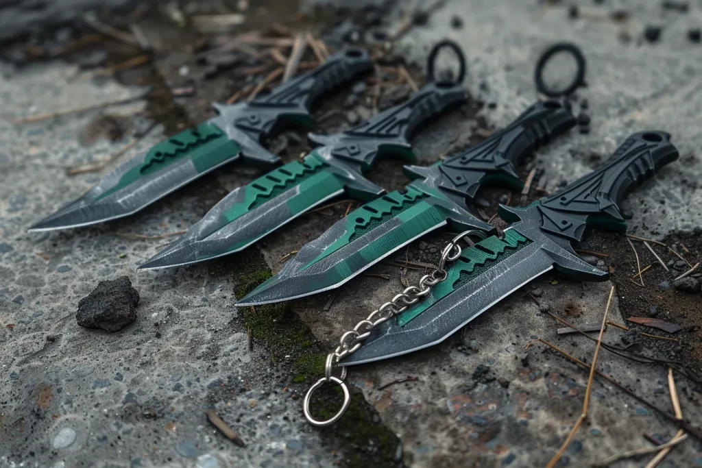 3 green and black throwing knives