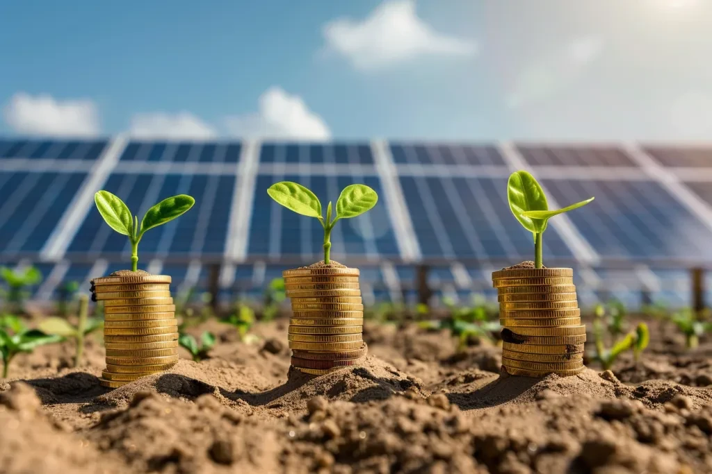 3 stacks of gold coins with green sprouts growing out from the top, each stack leaning against solar panels in the sand on the ground