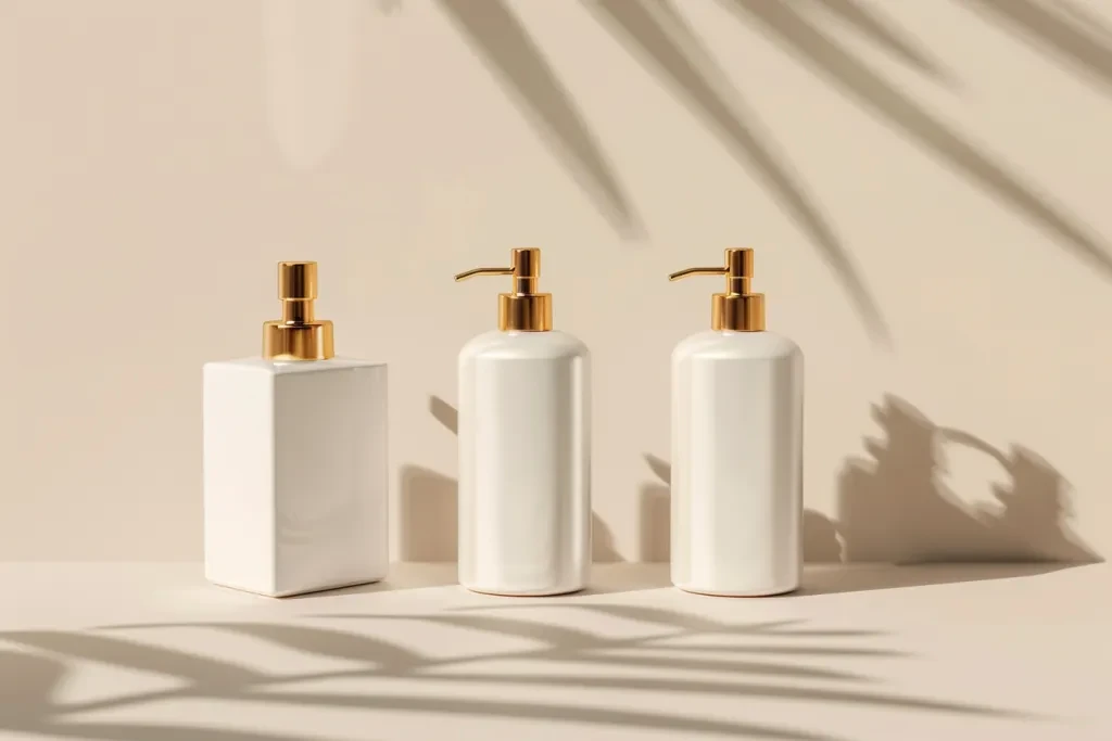 3 white bottles of shampoo with gold pumps