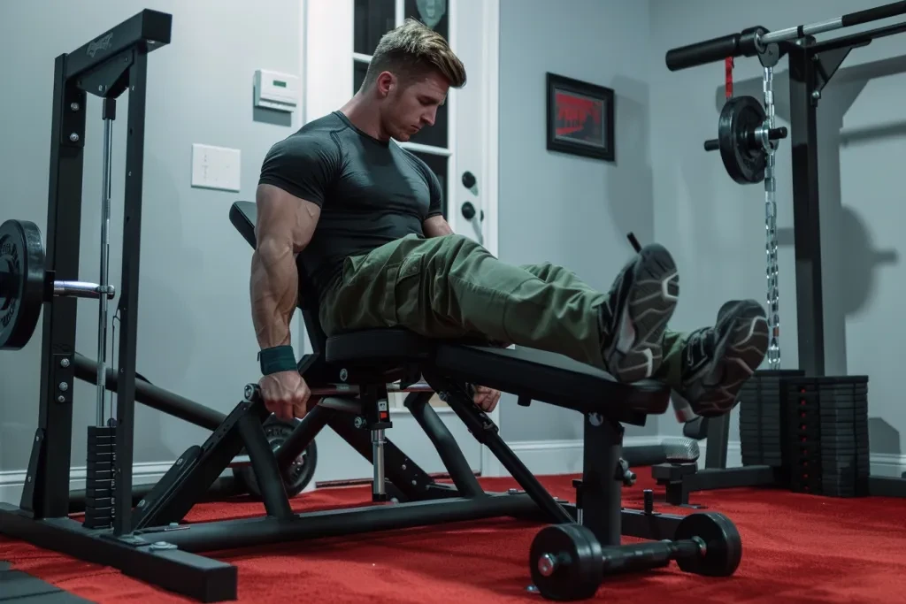 A man is doing the leg press on a public bench