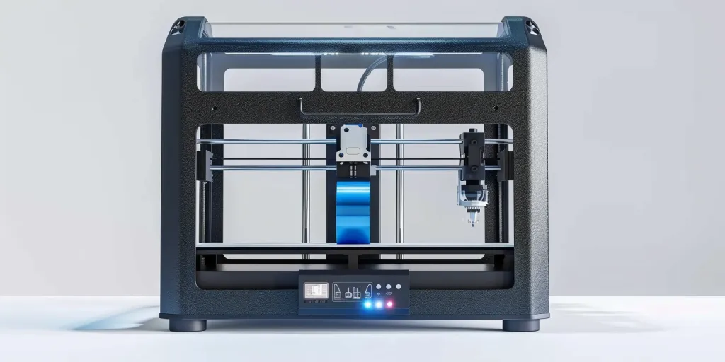 3D printer, front view, isolated on a white background, large bed embossed with a blue spool of plastic film, black color and silver details