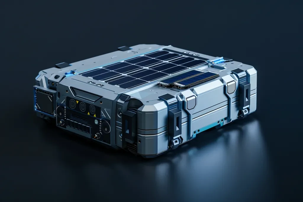 3D rendering of a car battery with solar panels on a black background in a blue and white color scheme