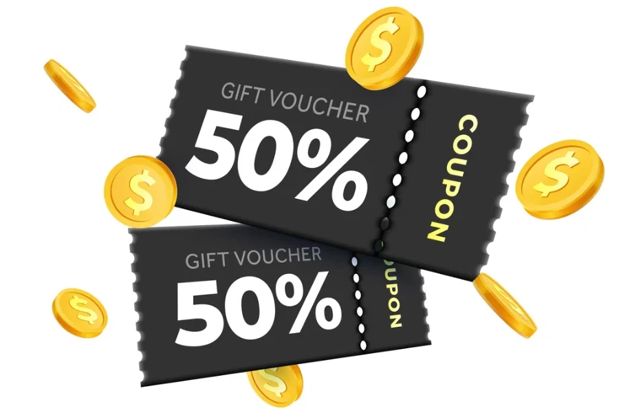 3d couple of premium black coupons with coupon code, golden coins. Promotional event with coupons or vouchers, percentage off. 