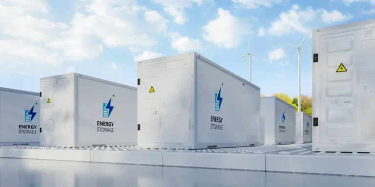 3d rendering amount of energy storage systems or battery container units with turbine farm