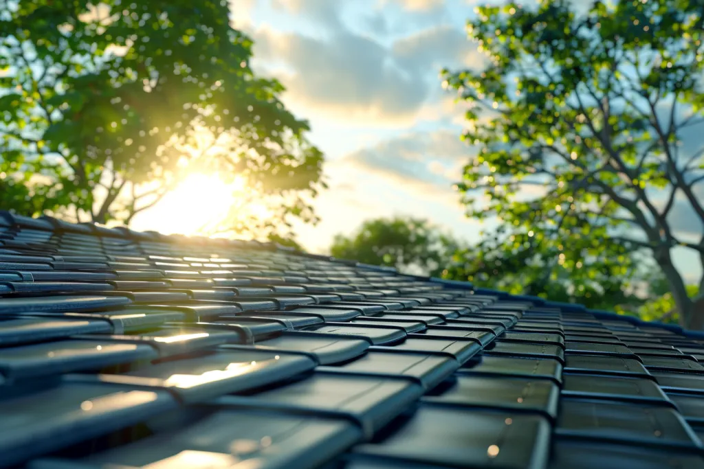 3d rendering of solar roof tiles, High angle view with blue sky and green trees in background