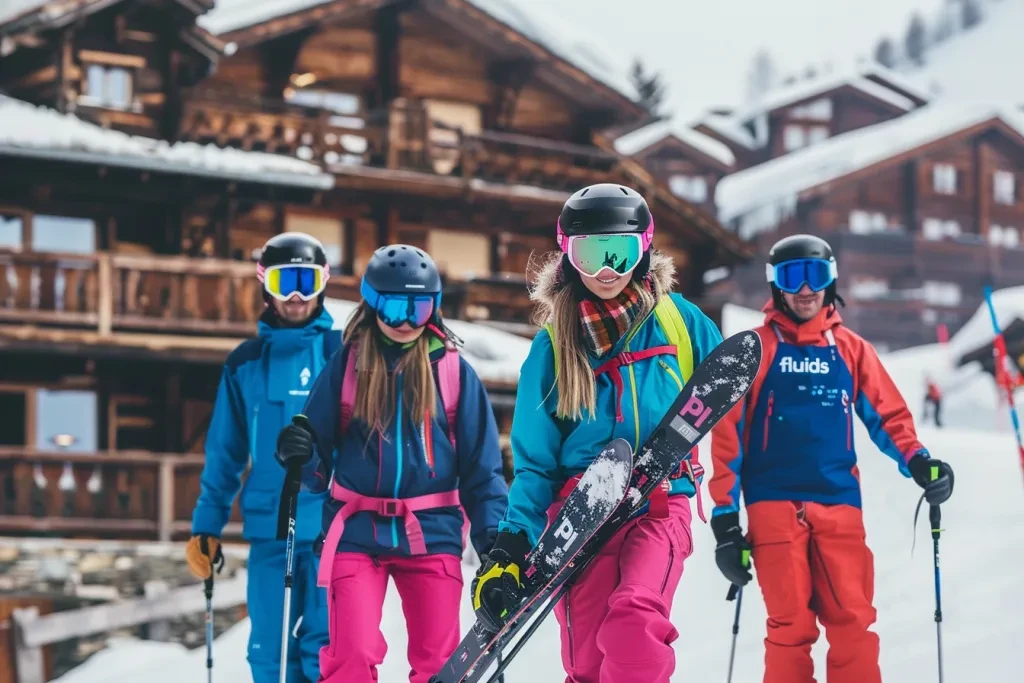 peoples in colorful ski gear holding skis and goggles, walking on the snow