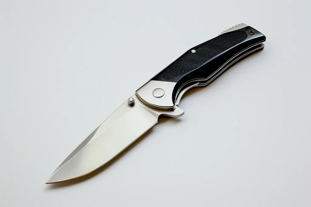the folding knife with black handle and white clip