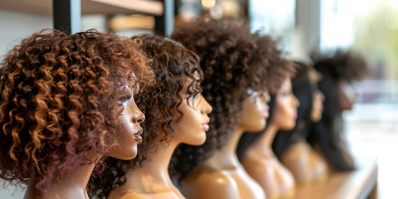 4 mannequins with different curly hair styles