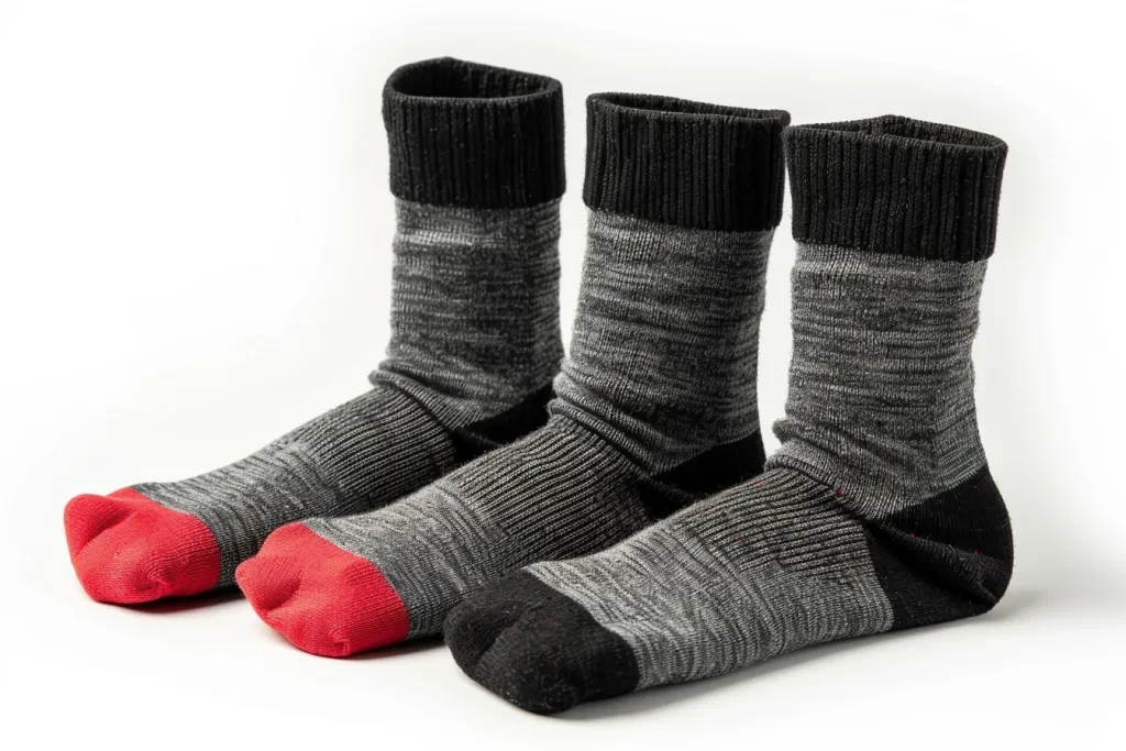 grey athletic socks with red accents on white background